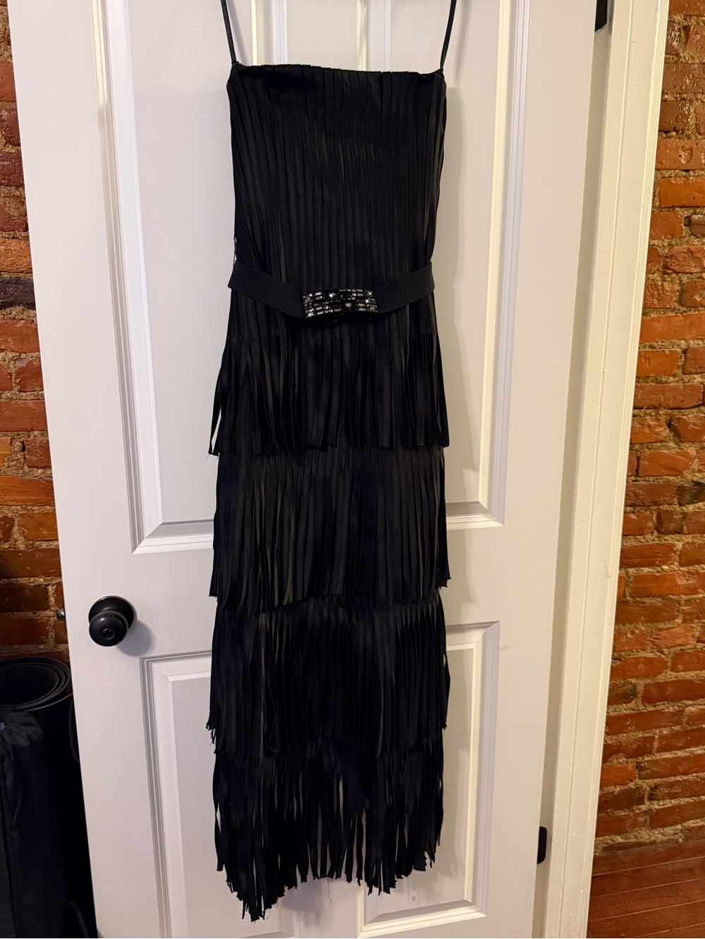 BCBG Black Fringe Tiered Strapless Dress